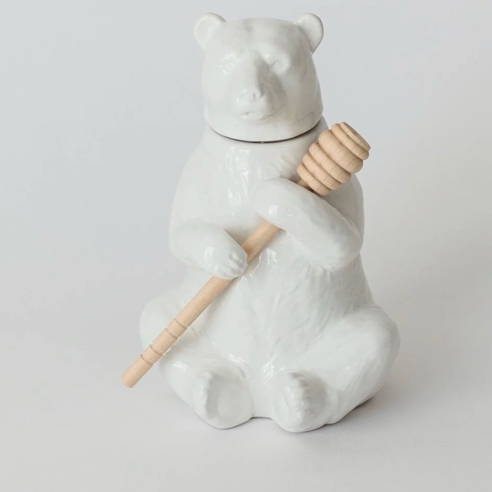 Charming White Bear Honey Jar with Dipper